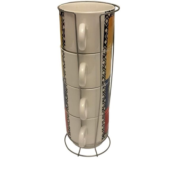 Vintage Columbia Toucan Stacking Coffee Cups. Set of 4 with Metal Holder - Picture 5 of 16